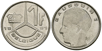 Бельгия 1 франк 1991 Belgique, Бодуэн I (1951-1993) KM 170 нержавеющая сталь 4136-739