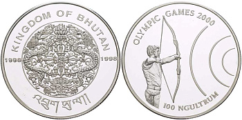 Бутан 100 нгултрумов 1998 ОЛИМПИЙСКИЕ ИГРЫ В СИДНЕЕ 2000 ГОДА, СТРЕЛЬБА ИЗ ЛУКА, KM 103 серебро PROOF 1074-3-53