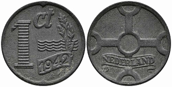 НИДЕРЛАНДЫ 1 ЦЕНТ 1942 ВИЛЬГЕЛЬМИНА (1890-1948) KM 170 цинк 112-447