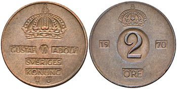 Швеция 2 эре 1970 Густав VI Адольф (1950-1973) KM 821 бронза 4582-611