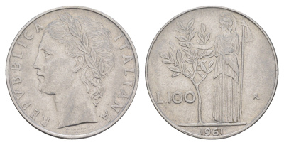 Италия 100 лир 1961 R, Афина в доспехах KM 96.1 нержавеющая сталь 4556-113