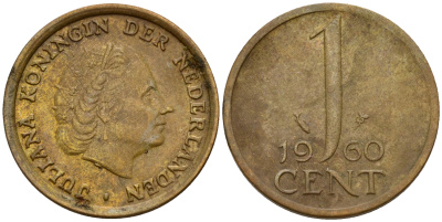 Нидерланды 1 цент 1960 Юлиана (1949-1980) KM 180 бронза    4598-218