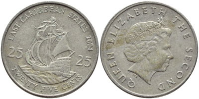 Восточно-Карибские штаты 25 центов 2004 Елизавета II (1952-2022), парусник KM 38 медно-никель 89-636