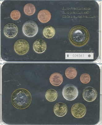 Италия евронабор из 8 монет + 1 европробник Ватикана 2002-2008 в пластиковой запайке    UNC  7-5-5-17