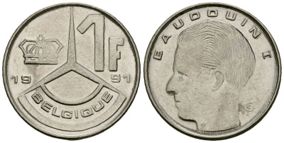 Бельгия 1 франк 1991 Belgique, Бодуэн I (1951-1993) KM 170 нержавеющая сталь 4136-739