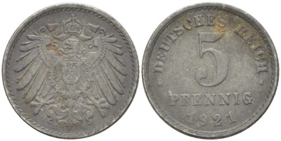 ГЕРМАНИЯ 5 ПФЕННИГОВ 1921 E KM 19, J. 297, Weege 5 железо 206-744