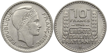 Франция 10 франков 1948 В, тип Пьер Турин KM 909.2, Le Franc 362.4 медно-никель 4171-216