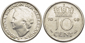 Нидерланды 10 центов 1948 Вильгельмина (1895-1948) KM 177 никель 112-259