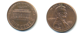 США 1 ЦЕНТ 2005 ЛИНКОЛЬН KM 201b цинк плакированный медью 86-464