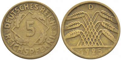 ГЕРМАНИЯ 5 РЕЙХСПФЕННИГОВ 1925 D, KM 39, J. 316 алюминиевая бронза 4396-1627