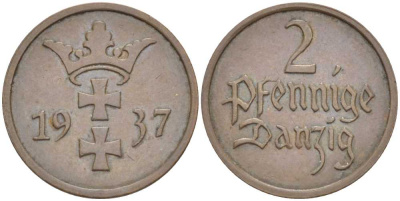Данциг 2 пфеннига 1937 J. D3, KM 141 бронза 112-811