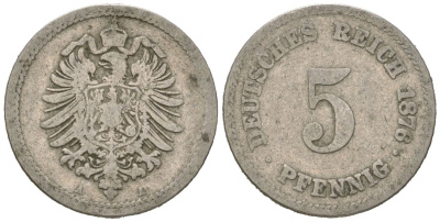 Германия 5 пфеннигов 1876 A, Вильгельм I (1871-1888) KM 3, J. 3 медно-никель 4615-725