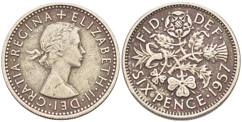 Великобритания 6 пенсов 1957 Елизавета II (1952-2022) KM 903, Spink 4149 медно-никель 217-945