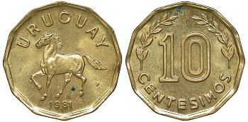 Уругвай 10 сентесимо 1981 KM 66 алюминиевая бронза 4169-527