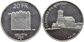 Швейцария 20 франков 2001 В, монастырь Монсеррат, в запайке KM 93 серебро PROOF 1524-1012