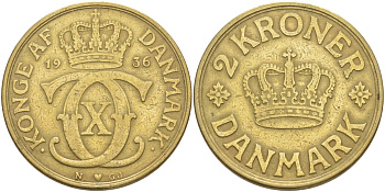 Дания 2 кроны 1936 N; GJ, Кристиан X (1912-1947) KM 825.2 алюминиевая бронза 4111-436