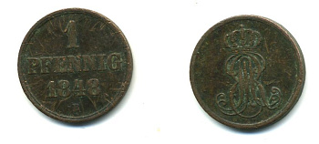 Ганновер 1 пфенниг 1848 B, Эрнст Август (1837-1851) KM 201.1, AKS 129, J. 74 медь 36-1122
