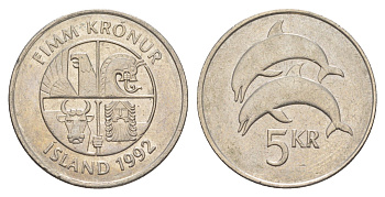 Исландия 5 крон 1992 дельфины KM 28 медно-никель 4523-347
