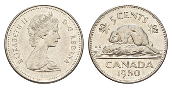 Канада 5 центов 1980 бобр, Елизавета II KM 60.2 никель 4627-1165