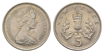 Великобритания 5 пенсов 1970 Елизавета II (1952-2022) KM 911, Spink 4233 (D1) медно-никель aUNC 4628-815