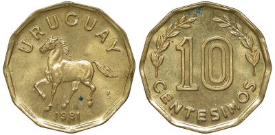 Уругвай 10 сентесимо 1981 KM 66 алюминиевая бронза 4169-527