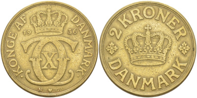 Дания 2 кроны 1936 N; GJ, Кристиан X (1912-1947) KM 825.2 алюминиевая бронза 4111-436