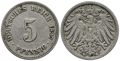 ГЕРМАНИЯ 5 ПФЕННИГОВ 1897 A KM 11, J. 12 медно-никель 39-724