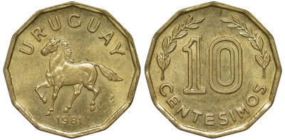 Уругвай 10 сентесимо 1981 KM 66 алюминиевая бронза 4169-513