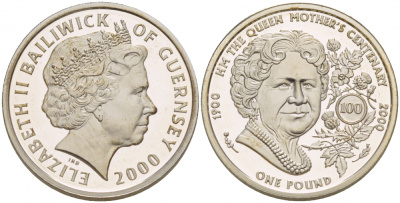 Гернси 1 фунт 2000 100 лет Елизавете, королеве матери KM 99 серебро PROOF 1085-5-21