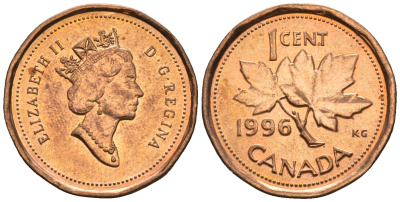 Канада 1 цент 1996 Елизавета II (1952-2022), кленовый лист KM 181 бронза 4609-252