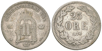 Швеция 25 эре 1876 ST, Оскар II (1872-1907) KM 738 серебро 4611-368