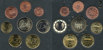 ФРГ евронабор от 1 евроцента до 2 евро  включает 2 евро 2006 замок в Шлезвиг-Гольштейне, планшет  биметалл, медно-никель  UNC  4-4-1-58