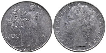 ИТАЛИЯ 100 ЛИР 1956 R, АФИНА KM 96.1 нержавеющая сталь 83-1146