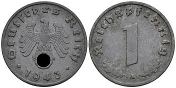 ГЕРМАНИЯ 1 РЕЙХСПФЕННИГ 1943 А KM 97, J. 369 цинк 188-921