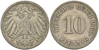 Германия 10 пфеннигов 1900 J KM 12, J. 13, Weege 8  медно-никель 212-731