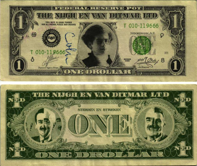 НИДЕРЛАНДЫ 1 ДРОЛЛАР 1966 СУВЕНИРНАЯ, РЕКЛАМНАЯ БАНКНОТА, ФИРМА Nijgh & Van Ditmar, ПОРТРЕТ ROB GLOUDIE бумага UNC (ПРЕСС) 7198-45-2-1