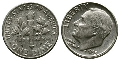 США 10 ЦЕНТОВ = 1 ДАЙМ 1965 РУЗВЕЛЬТ KM 195a медь плакированная медно-никелем 4383-464