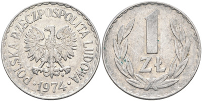 Польша 1 злотый 1974 MW, Народная Республика KM 49.1, Parchimowicz 213k алюминий 3336-757