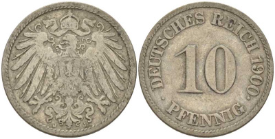 Германия 10 пфеннигов 1900 J KM 12, J. 13, Weege 8  медно-никель 212-731