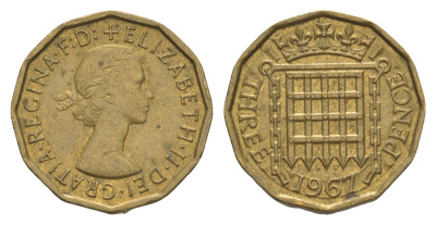Великобритания 3 пенса 1967 Елизавета II (1952-2022) KM 900, Spink 4153 никель латунь 4153-1137