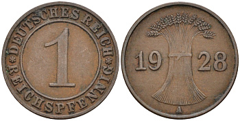 Германия 1 рейхспфенниг 1928 А, Веймарская республика KM 37 бронза 188-1164