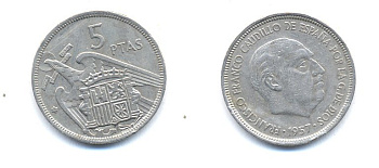 ИСПАНИЯ 5 ПЕСЕТ 1957 (73) ФРАНСИСКО ФРАНКО ДИКТАТОР ИСПАНИИ (1939-1975) KM 786 медно-никель 54-1514