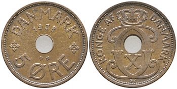 ДАНИЯ 5 ЭРЕ 1938 N ; GJ, КРИСТИАН X (1912-1947) KM 828.2 бронза 32-525
