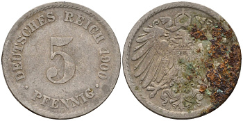 Германия 5 пфеннигов 1900 F KM 11, J. 12 медно-никель 4151-426