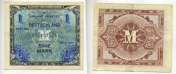Германия, оккупация союзниками 1 марка 1944 9 цифр, без кода, выпуск СССР Pick 192 b бумага 6283-5-4