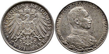 Пруссия 2 марки 1913 A, Вильгельм II (1888-1918), 25 лет правления (мундир) Weege 111, J. 111, KM 533 серебро 91-545