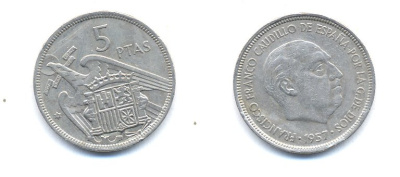 ИСПАНИЯ 5 ПЕСЕТ 1957 (73) ФРАНСИСКО ФРАНКО ДИКТАТОР ИСПАНИИ (1939-1975) KM 786 медно-никель 54-1514