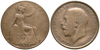 Великобритания 1 пенни 1912 Георг V (1910-1936) KM 810, Spink 4051 бронза 08-645