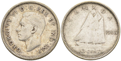 Канада 10 центов 1947 Георг VI (1937-1952), парусник, Marle leaf KM 34 серебро 4585-726