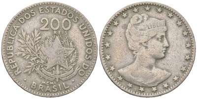 Бразилия 200 реалов 1901 MCMI, голова свободы вправо KM 504 медно-никель 4612-241